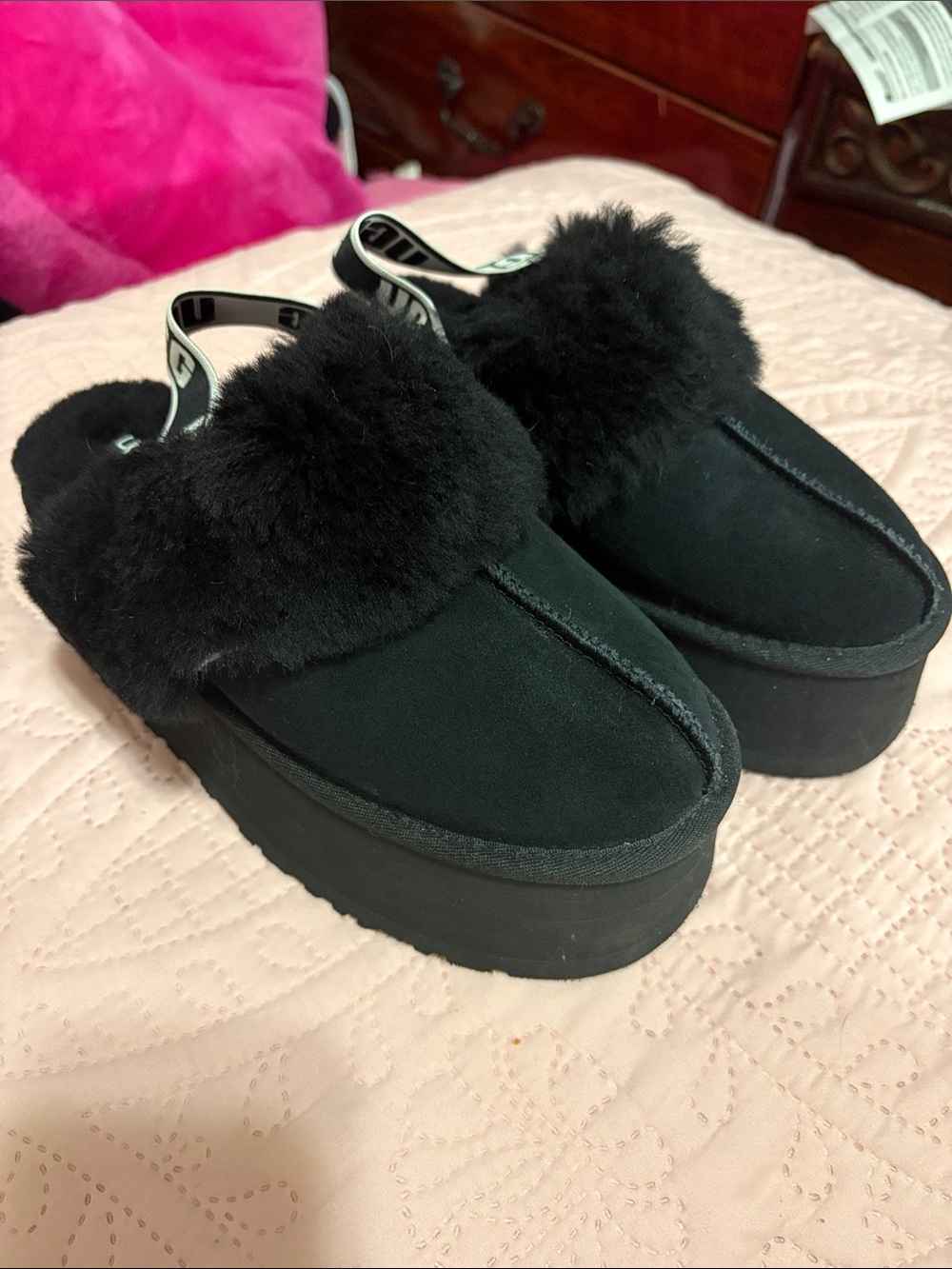UGG Black Fuzzy Platform Clog Mules